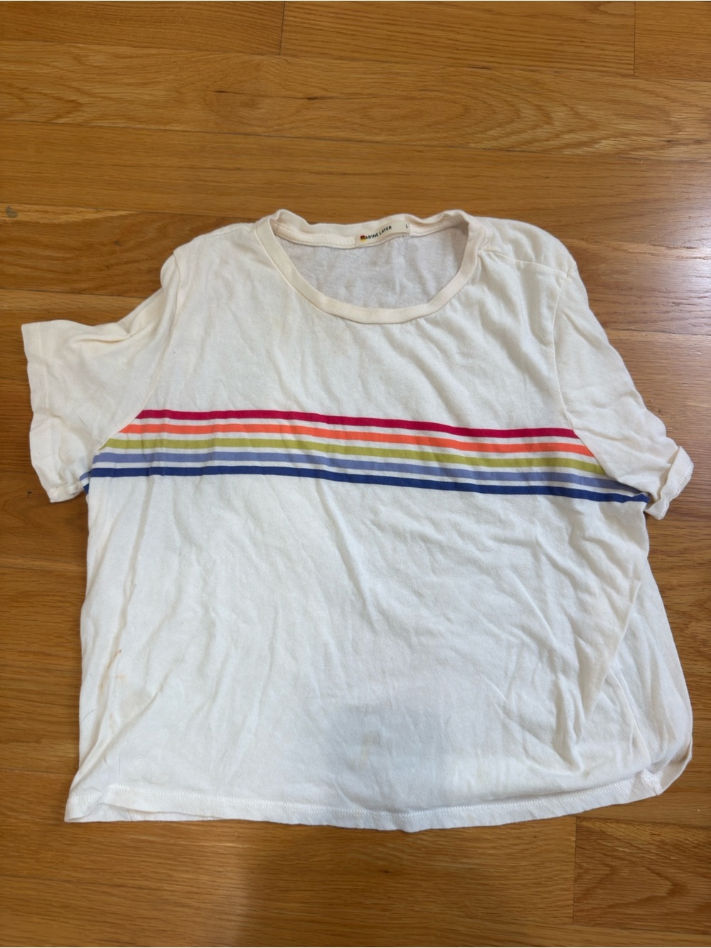 Marine Layer White Tee with Red Pink Yellow Green and Blue Stripes